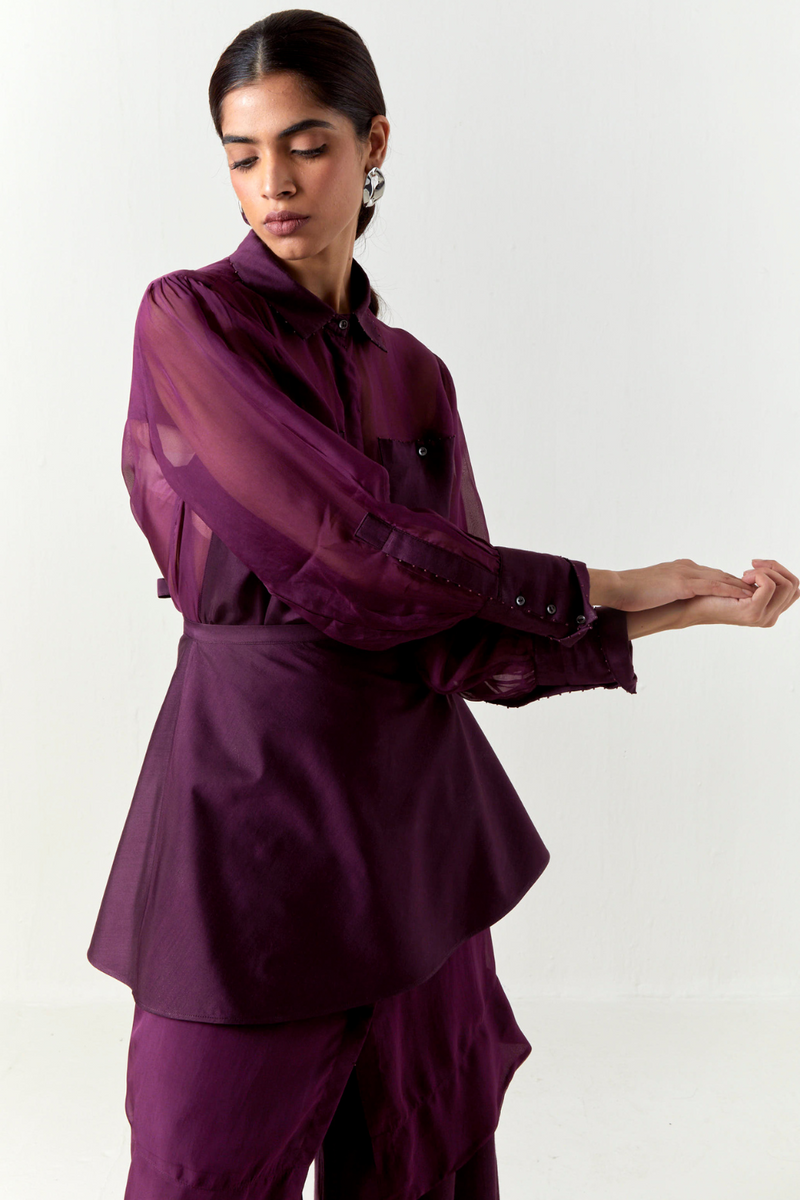 BEADED COLLAR SHEER SHIRT CO-ORD-WINE organza by THREE for women Worldwide