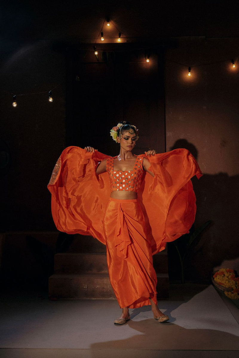 Mangala Blouse Skirt & Cape Set- Orange silk by PRAHNAAYA in orange color for women Worldwide