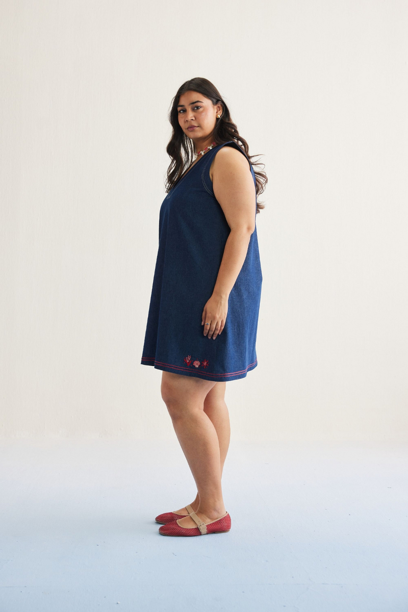 Deep Blue Sustainable Denim Dress cotton by SUI in blue color for women Worldwide