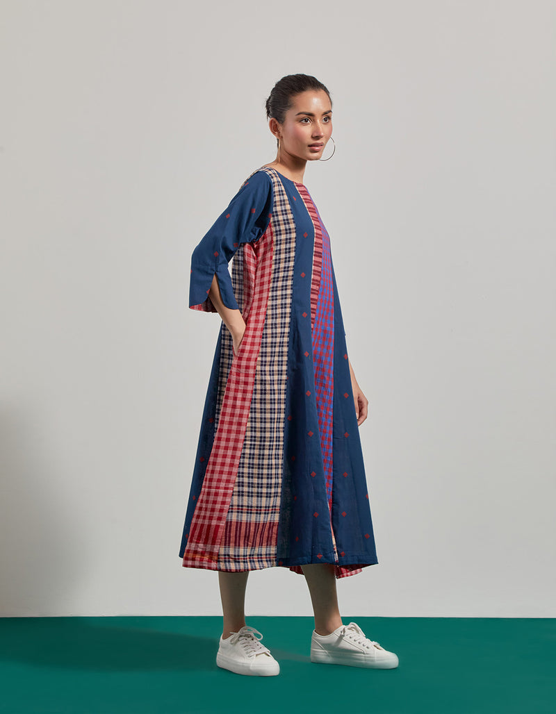 Deep Sea 16 Panelled Dress cotton,gamcha dress by 145 East in blue for women Worldwide
