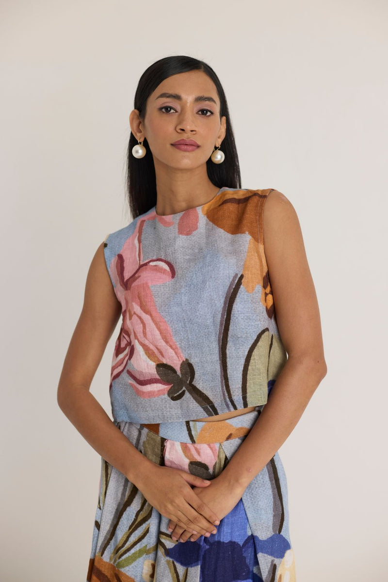 NICO LINEN TOP & SKIRT SET by Yam in blue color for women Worldwide