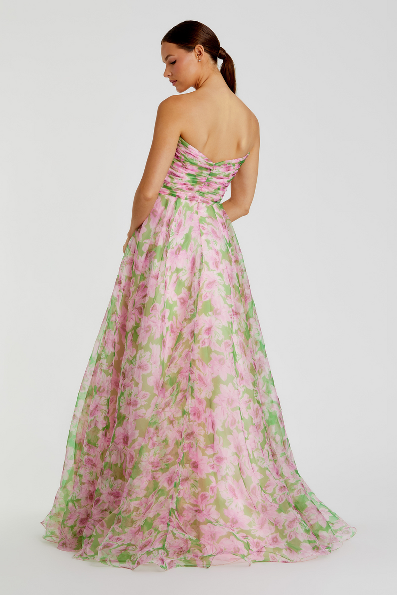 30783-Chiffon Gown with Ruffle Detail-Pink Multi mul by Mac Duggal in pink color for women Worldwide