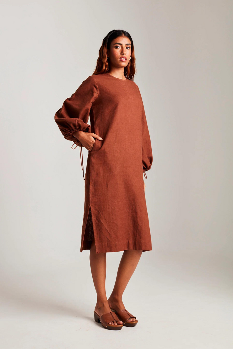 Mocha Co-Linen Balloon Sleeves Dress cotton by Saphed in brown color for women Worldwide