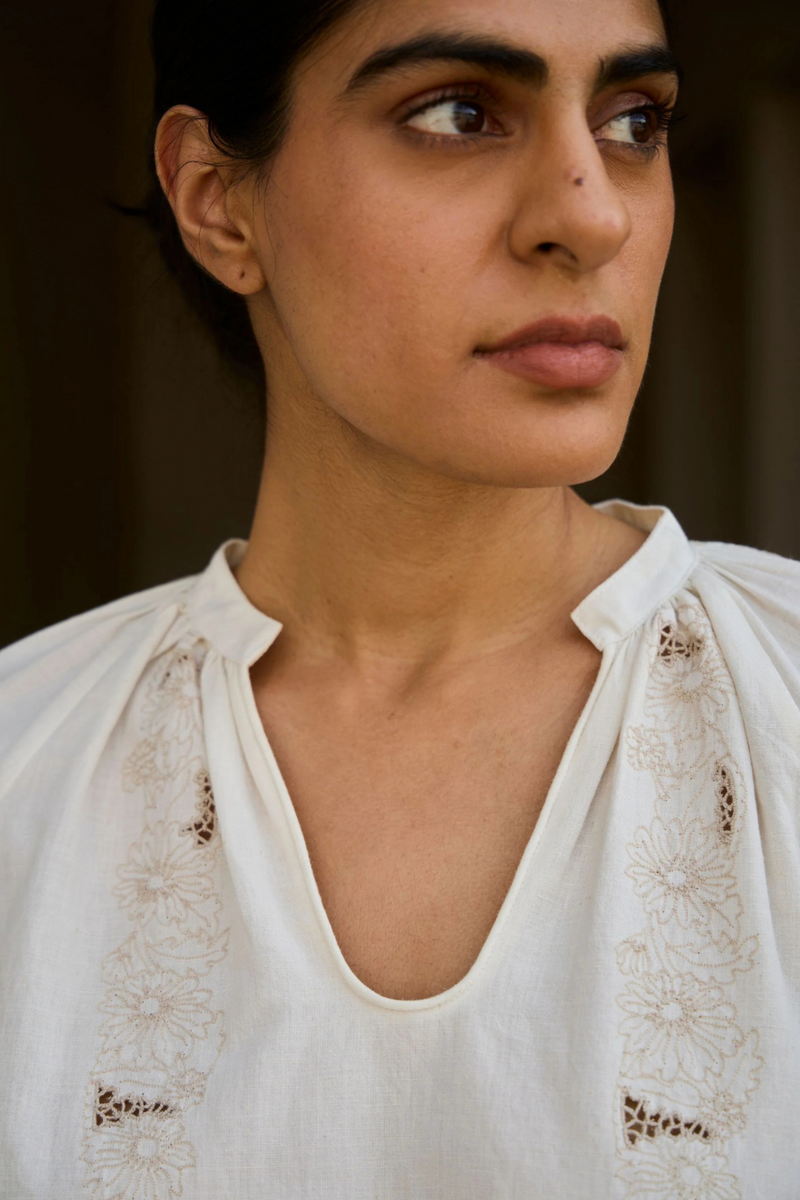 Bheer Handwoven Embroidered Top cotton by The Summer House in white color for women Worldwide