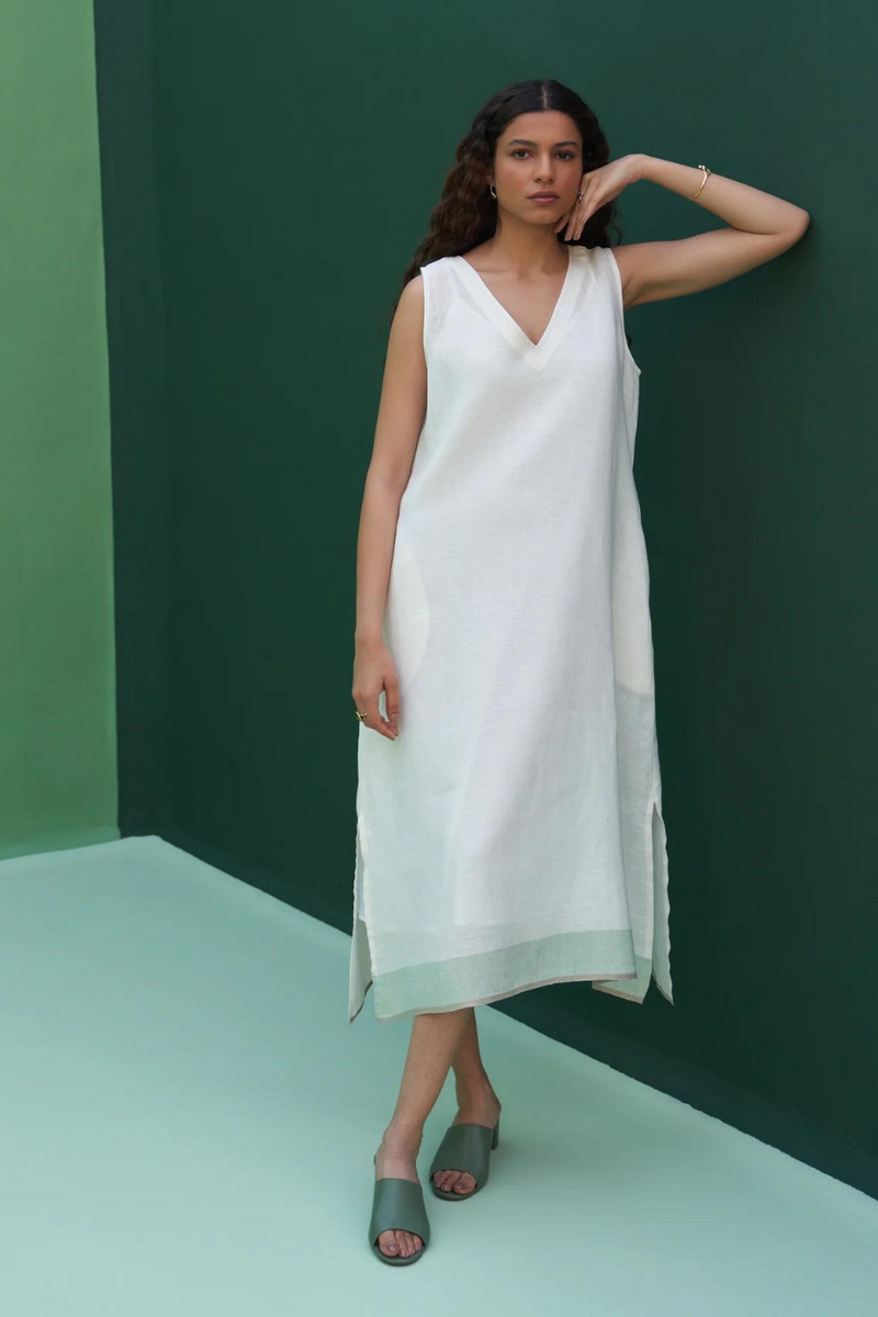 Jin Linen Dress With Overlay
 - Ivory linen by Manan in ivory color for women Worldwide