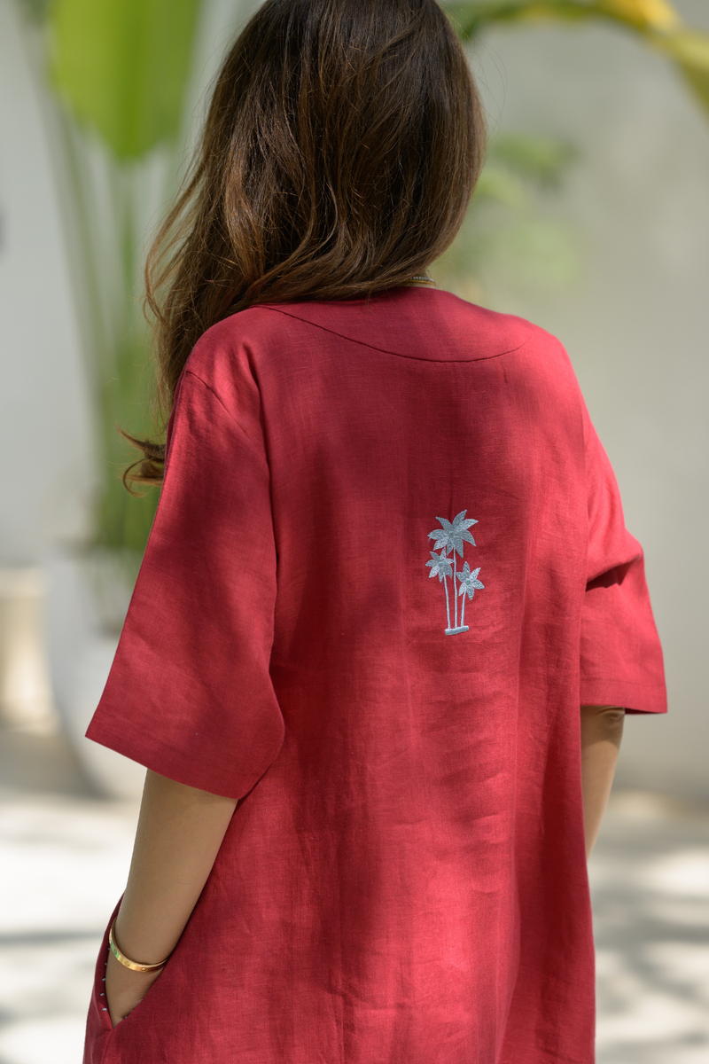 Sundown Palm Dress linen dress by Zanzibar Living in crimson red for women Worldwide
