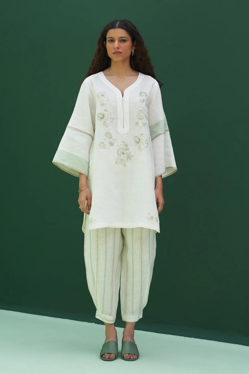 Insha Hand-Embroidered Kurta Set
 - Ivory linen by Manan in ivory color for women Worldwide