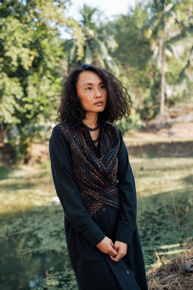 Upcycled Handwoven Seattle Wrap Calf Dress - Black Copper cotton by The Terra Tribe in black color for women Worldwide