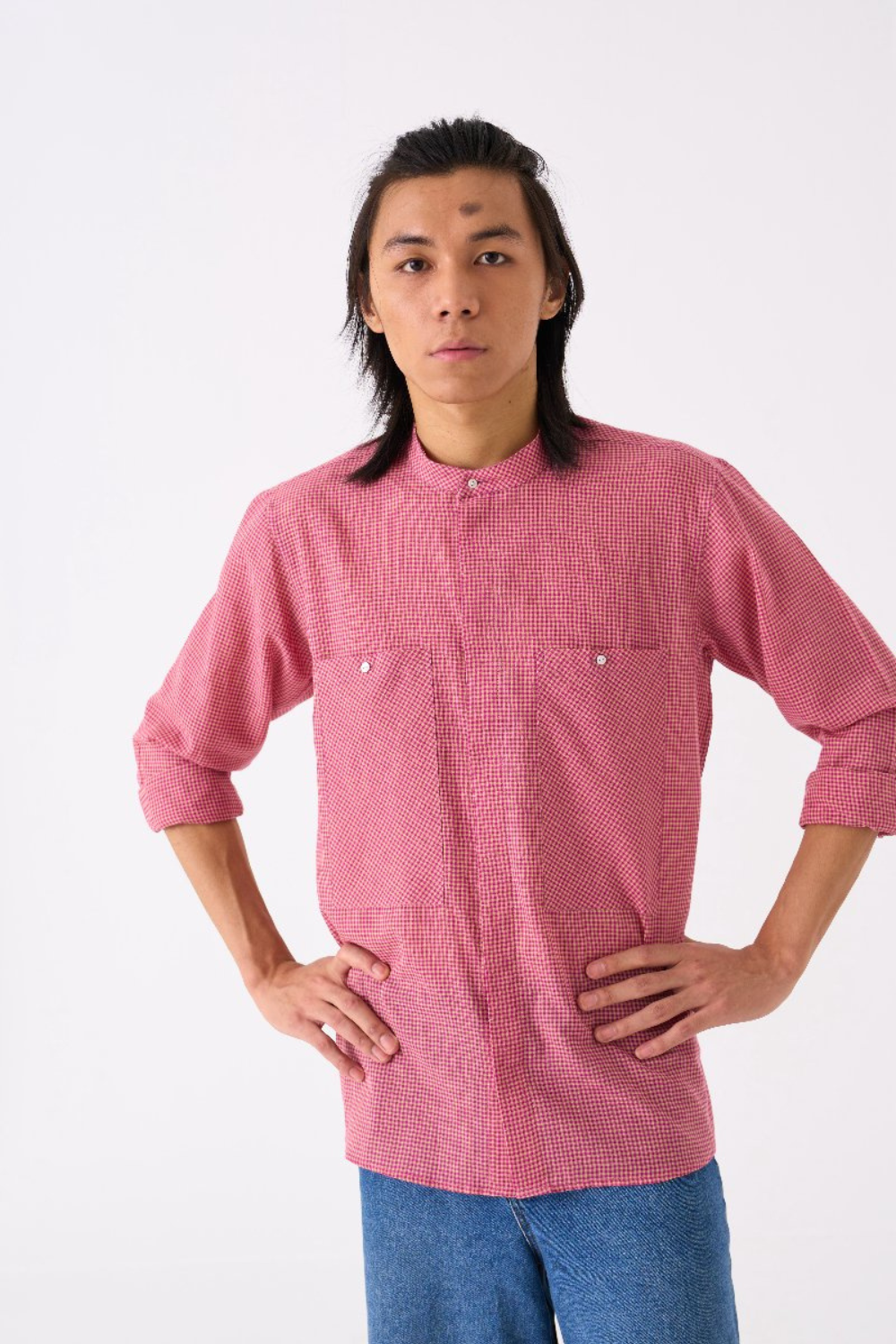 BAND COLLAR SHIRT - PINK CHECK