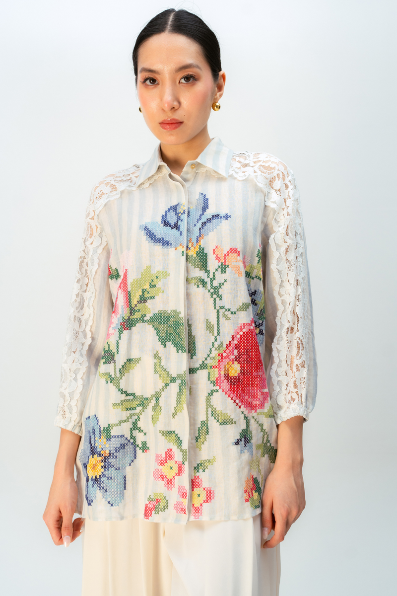 BLUSHING PETAL SHIRT linen top/shirt by Ode to Odd in blue for women Worldwide