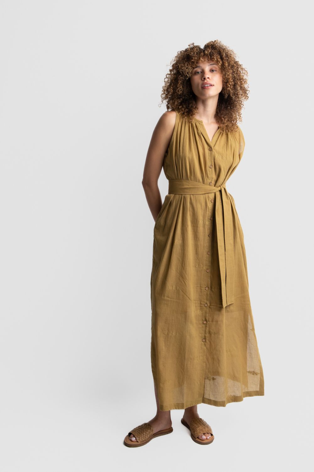 Tan gathered shirt dress