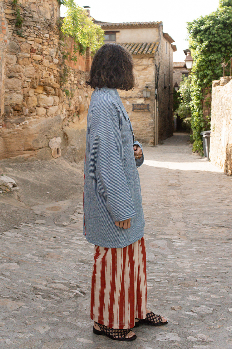 The Artist Coat-Blue Stripe handwoven cotton jacket/overlay by World of Crow in multicolor for women Worldwide