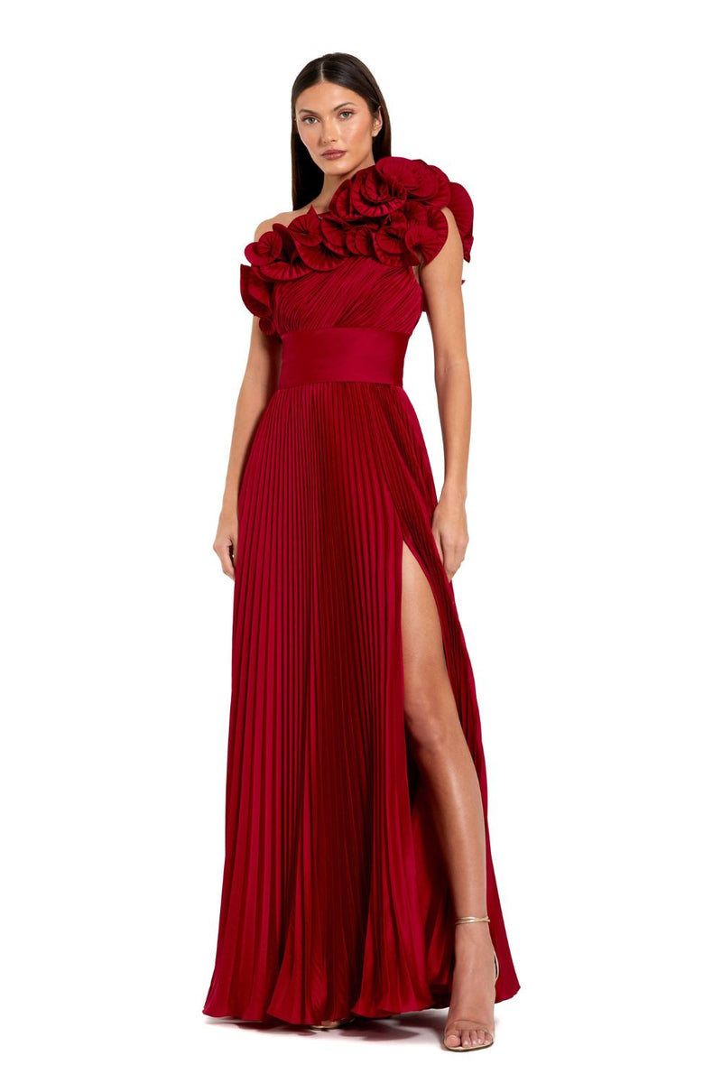 49902-Pleated Charmeuse One Shoulder Ruffle Gown by Mac Duggal in red color for women Worldwide