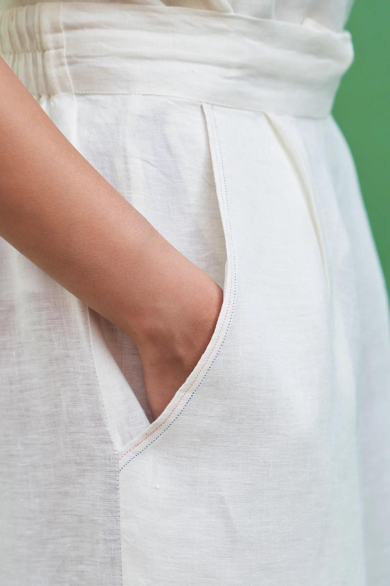 Mara Border Linen Pant
 - Ivory linen by Manan in ivory color for women Worldwide