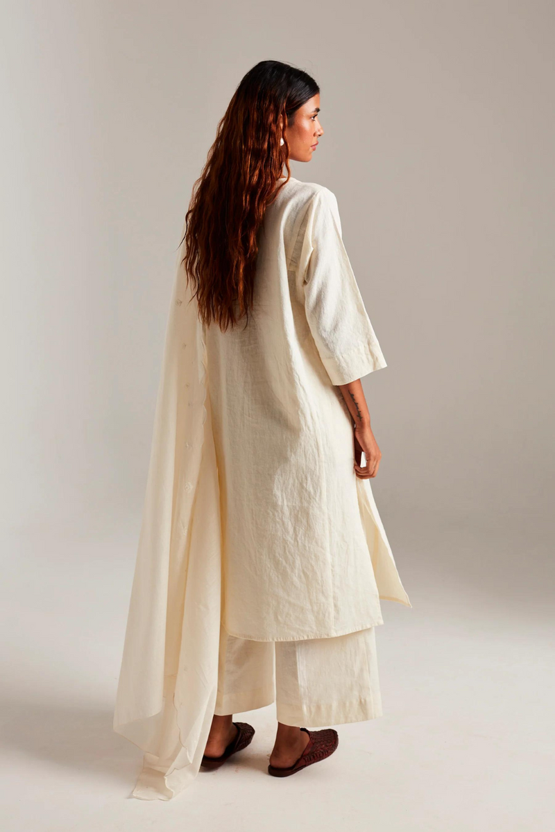 Vanilla Co-Linen Beaded Placket Kurta cotton by Saphed in white color for women Worldwide