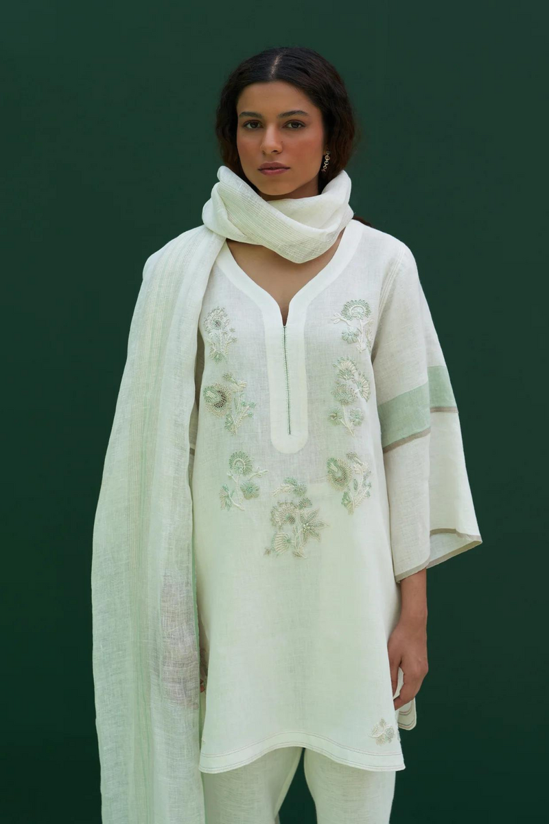 Insha Hand-Embroidered Kurta
 - Ivory linen by Manan in ivory color for women Worldwide