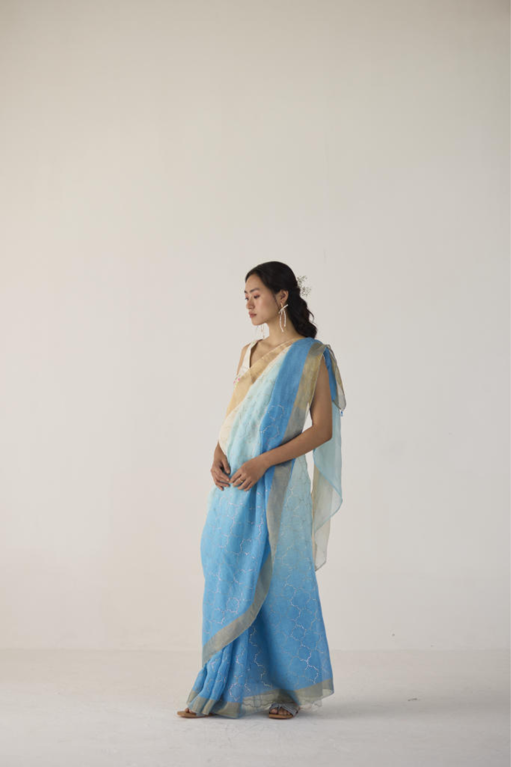 Blue Ombre Linen Sari with Gold Dot Print