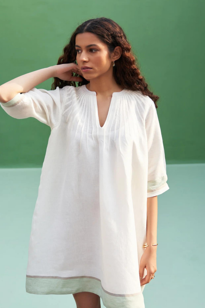 Yima Border Linen Dress
 - Ivory linen by Manan in ivory color for women Worldwide