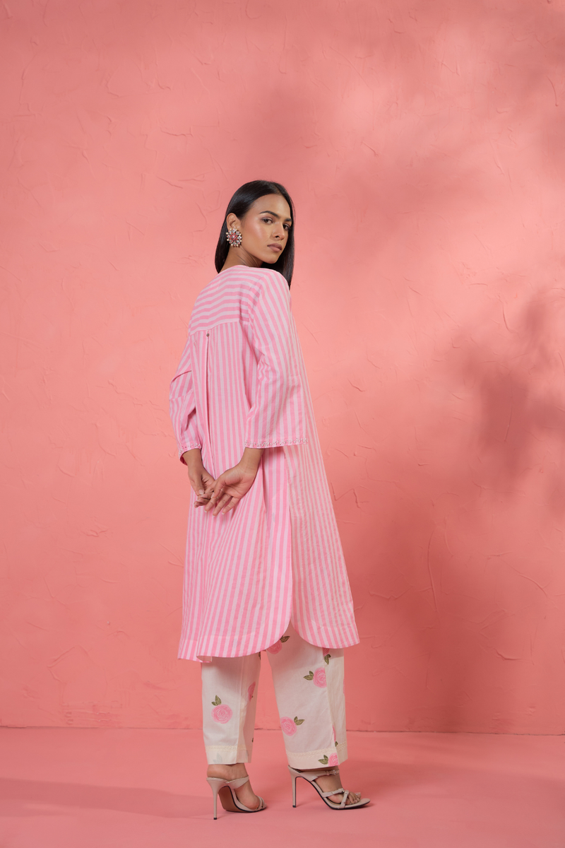 Gul Rose Stripe Set cotton cambric light kurta set by AAVIDI in pink for women Worldwide