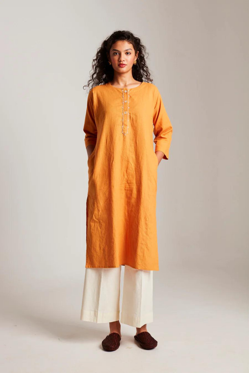 Mango Co-Linen Beaded Placket Kurta set without dupatta cotton by Saphed in mustard color for women Worldwide
