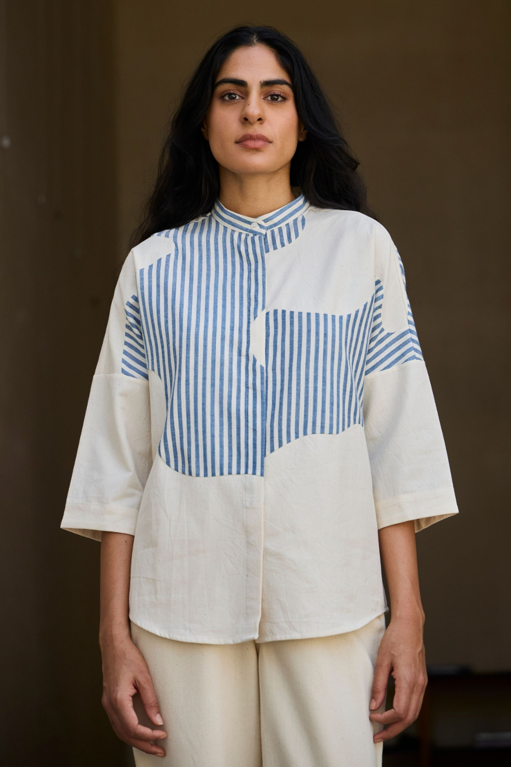 Blue Striped Patchwork Shirt