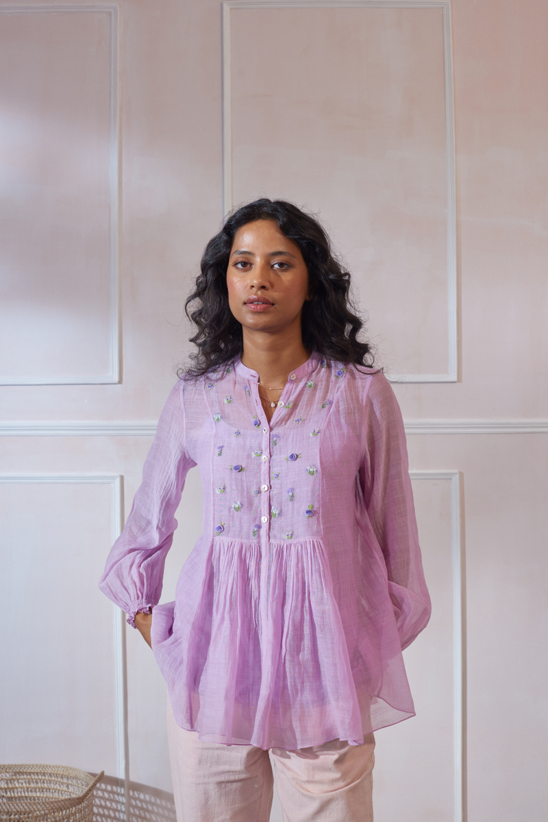 Lavender Wild Fower Shirt silk by Nadiya Paar for women Worldwide