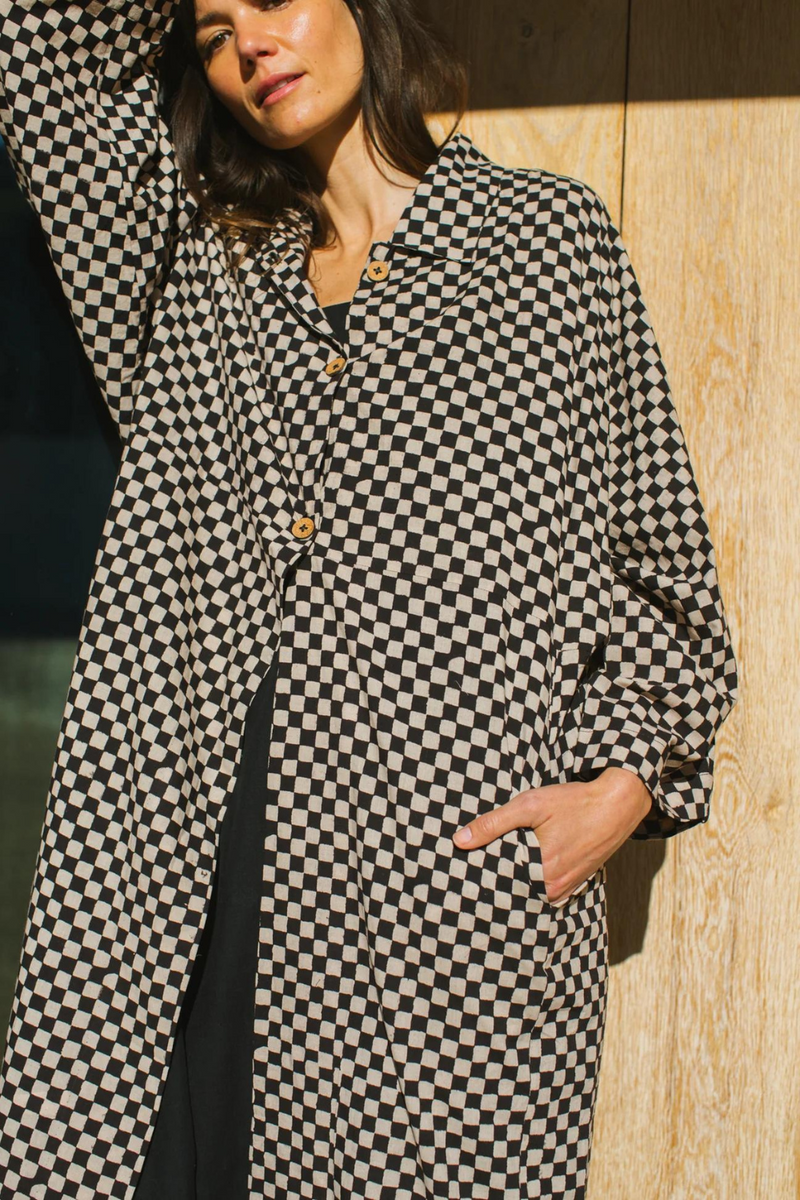 Lightweight Checkered Duster Jacket 100% cotton by World of Crow for women Worldwide