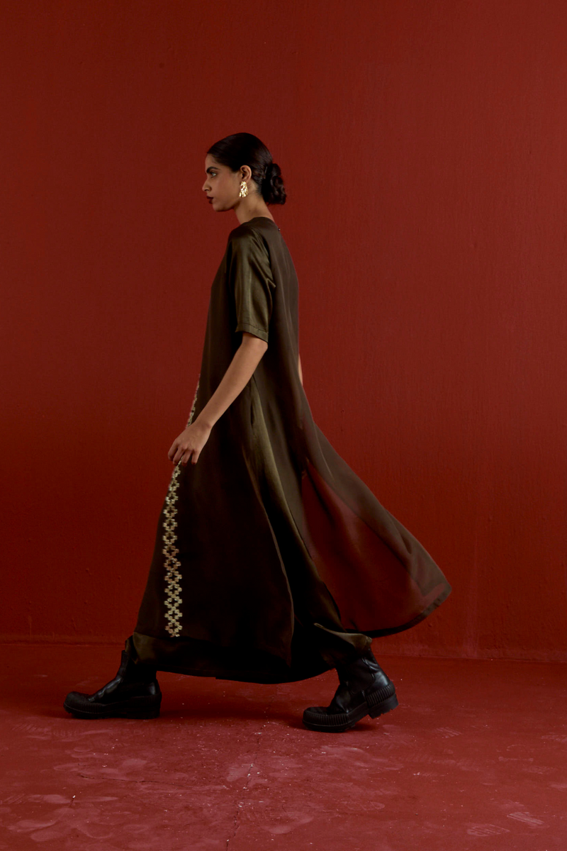 GOTA PATTI DETAIL DOUBLE LAYER DRESS-DARK OLIVE satin by THREE in olive color for women Worldwide