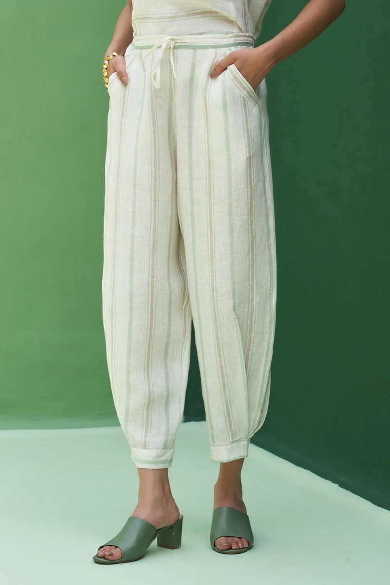 Iona Striped Linen Pant
 - Mint linen by Manan in mint color for women Worldwide