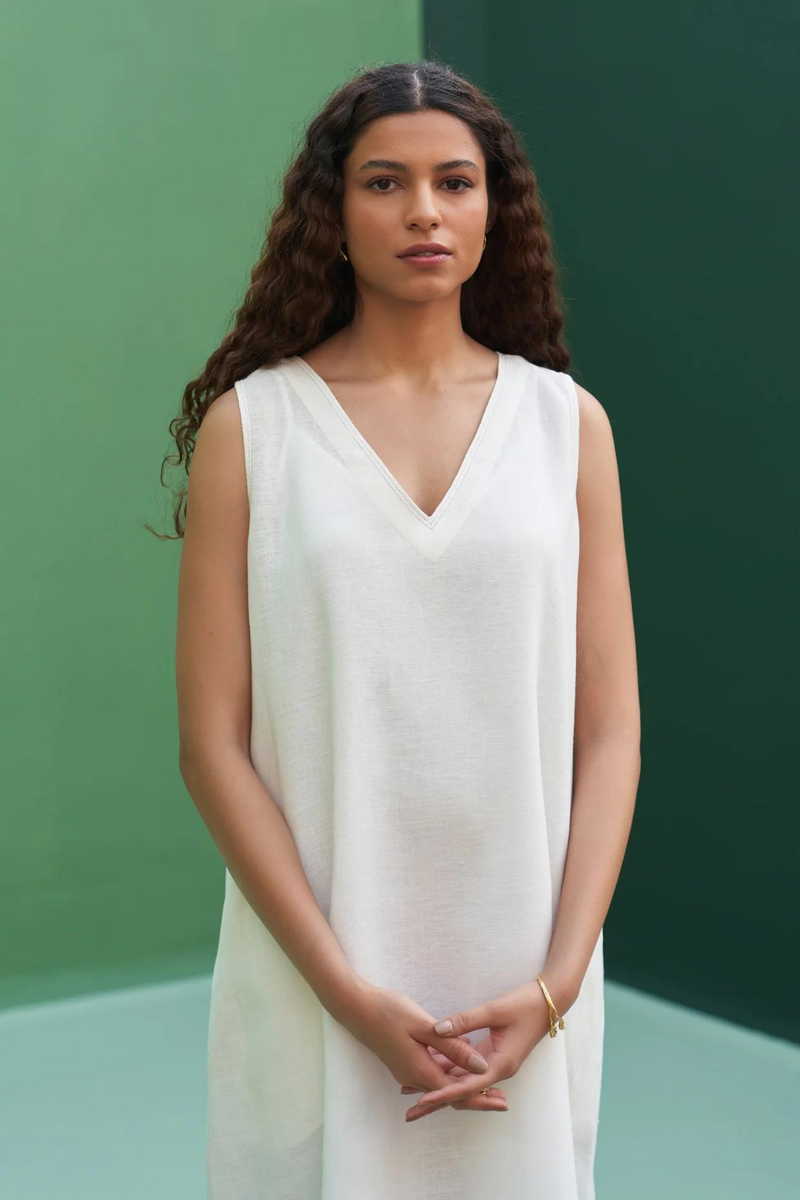 Jin Border Linen Dress 
 - Ivory linen by Manan in ivory color for women Worldwide