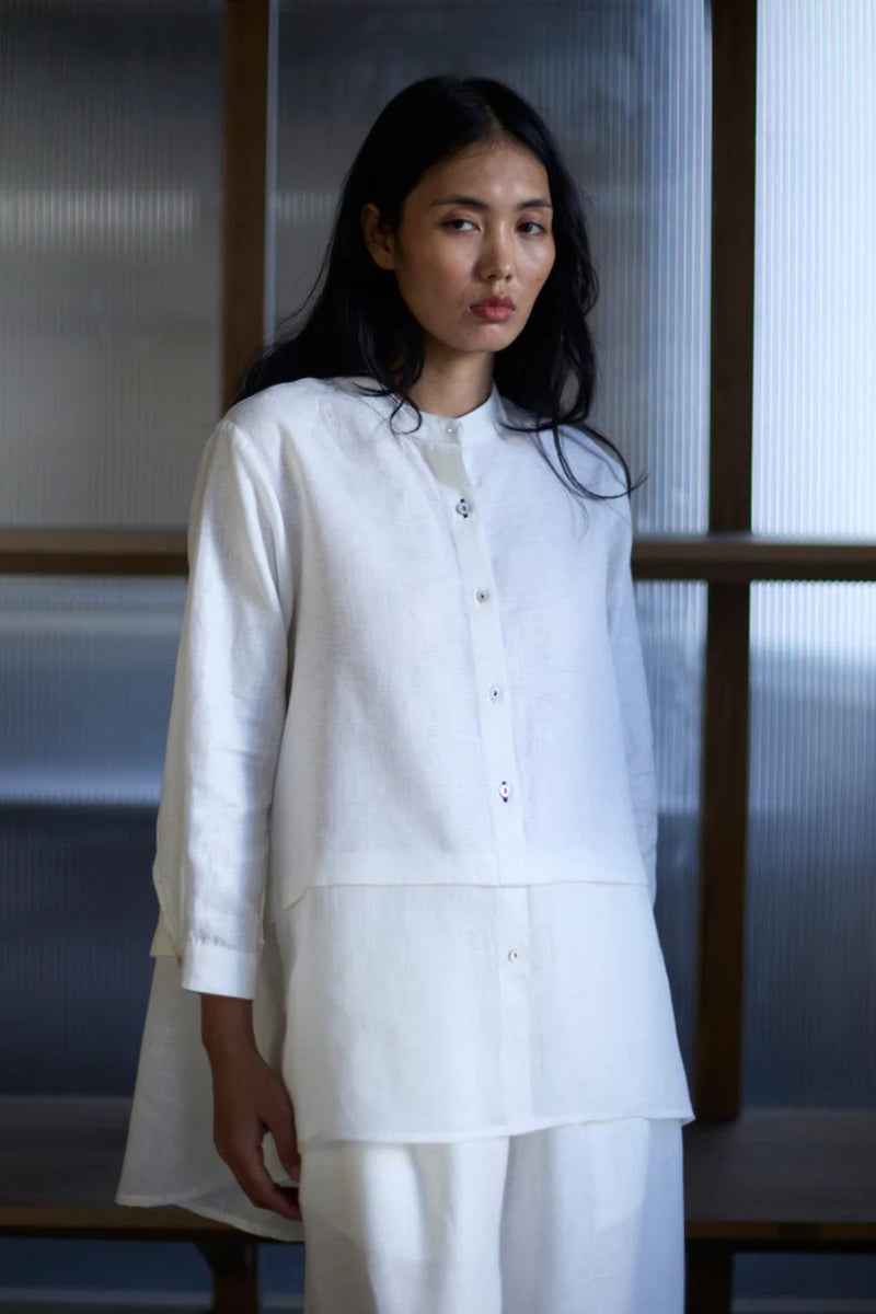 Anaya Linen A-Line Shirt - Ivory linen by Manan in white color for women Worldwide