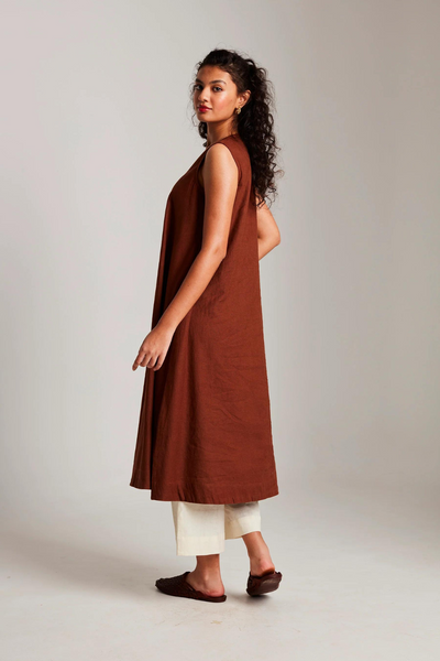 Mocha Co-Linen Sleeveless Flared Kurta