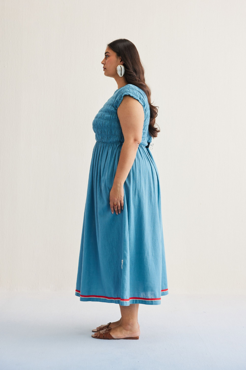 The Azure Handwoven Kala Cotton Maxi Dress cotton by SUI in blue color for women Worldwide