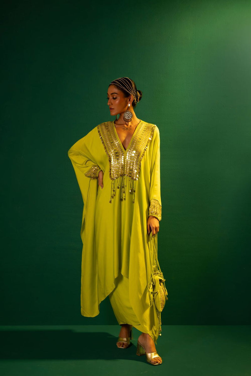 Chamakeen Neon Kaftaan with Wrap Skirt satin by PRAHNAAYA in green color for women Worldwide