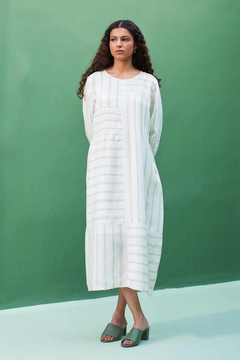 Kwan Striped Linen Dress
 - Mint linen by Manan in mint color for women Worldwide