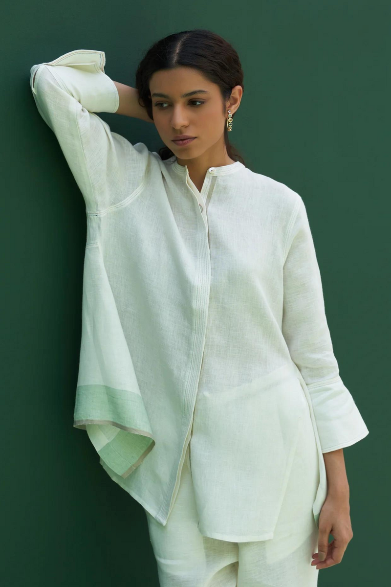Yoshi Border Linen Top
 - Ivory linen by Manan in ivory color for women Worldwide