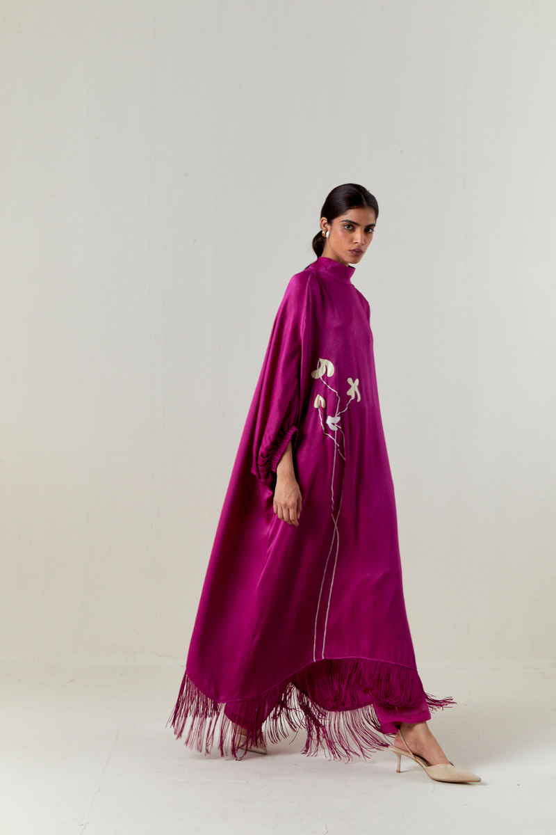 FLORAL FRINGE KAFTAN CO-ORD-FUCHSIA satin by THREE for women Worldwide