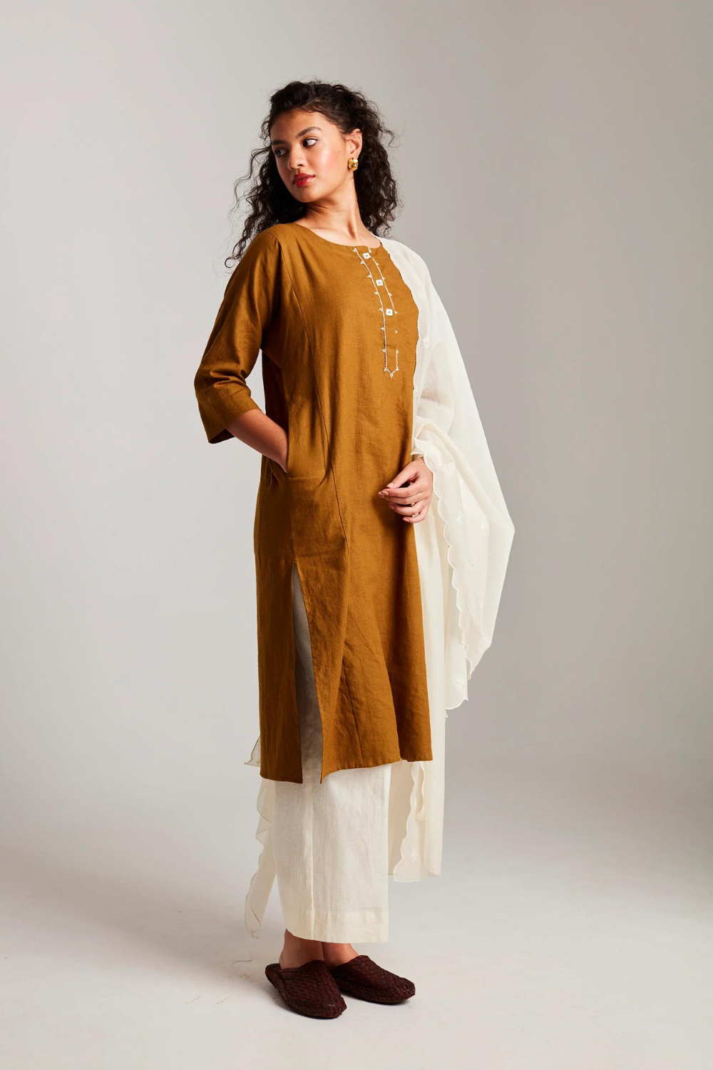 Olive Co-Linen Beaded Placket Kurta Set without Dupatta