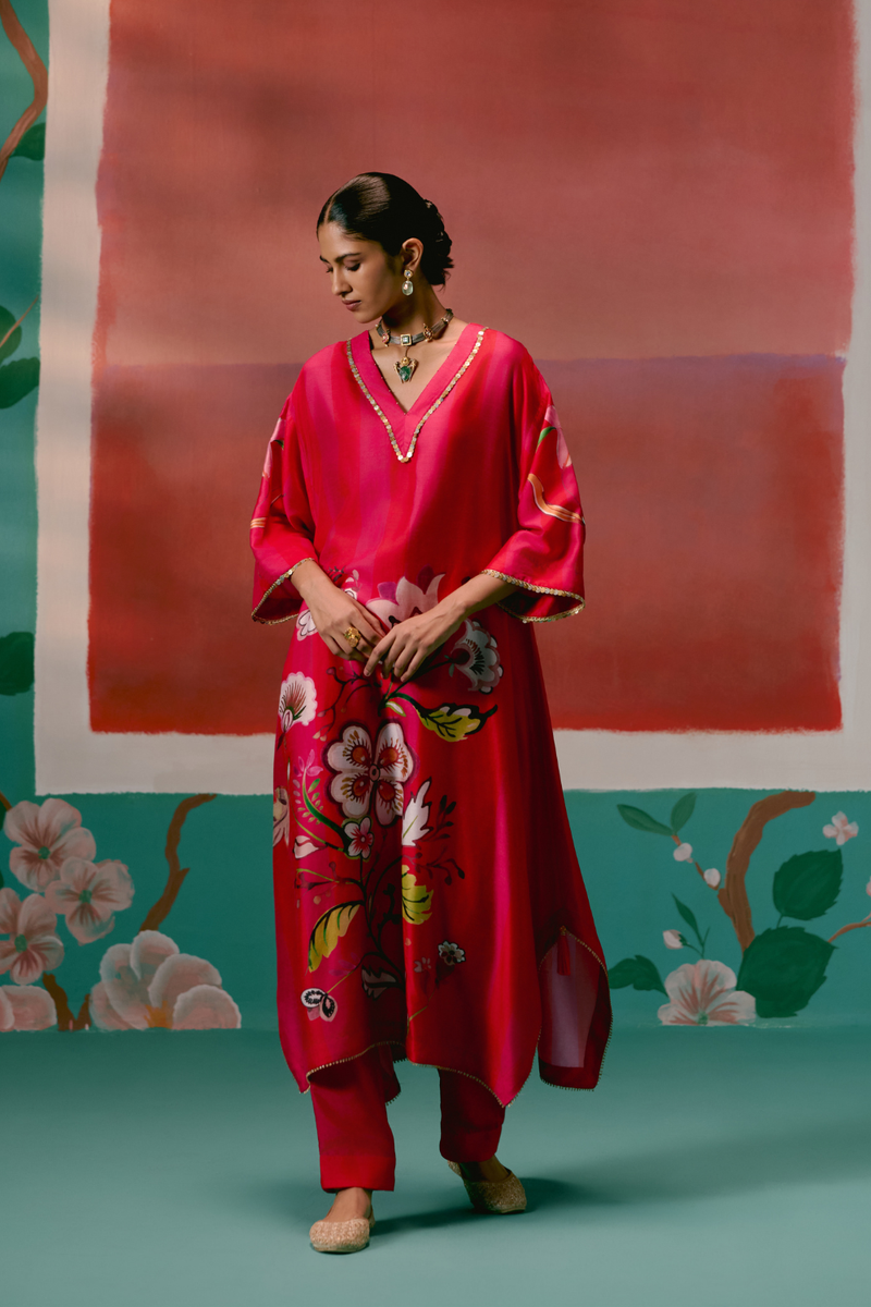 Fuschia Striped Floral Kaftan Set by Label Mogra for women Worldwide