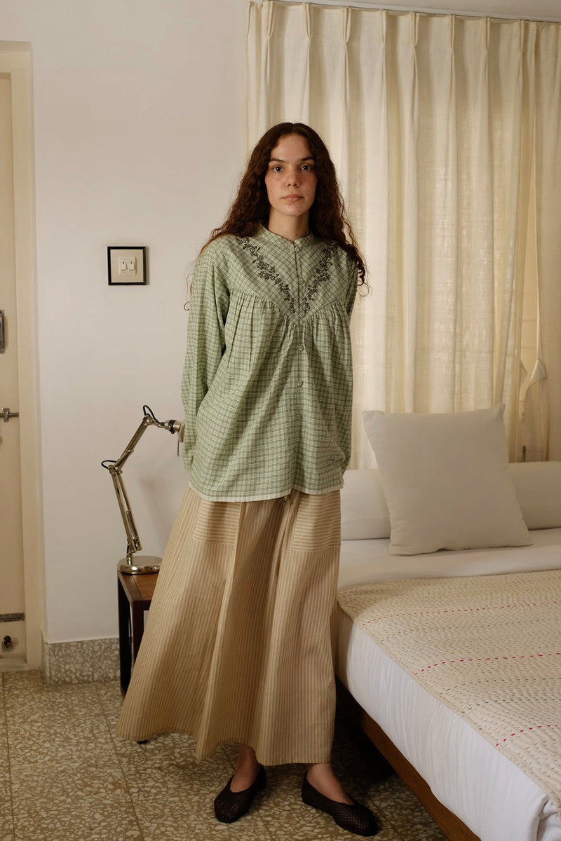 Liora-Smoke Green Checks Top handwoven cotton top/shirt by MASON AND MILL in green for women Worldwide