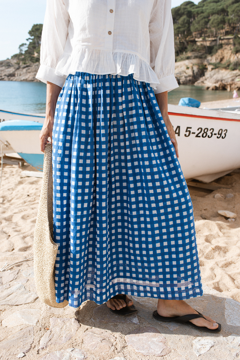 Oxford Skirt-Blue Checks handwoven cotton skirt by World of Crow in multicolor for women Worldwide