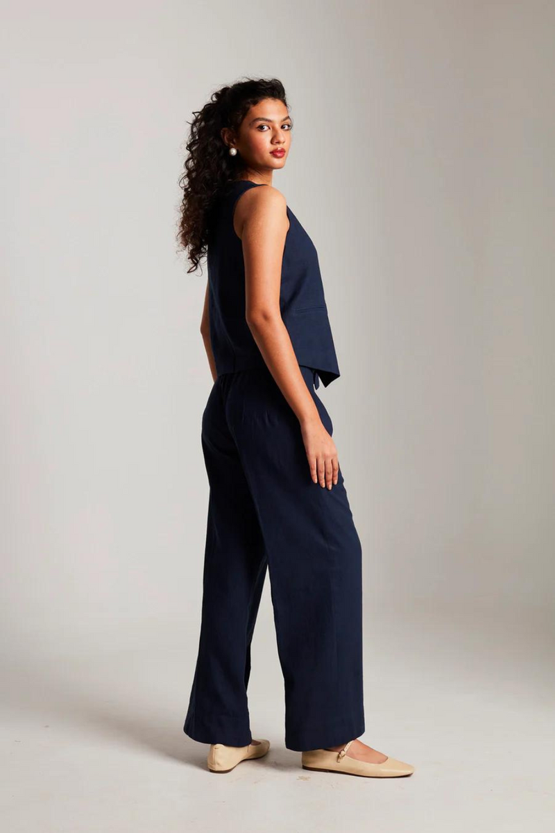 Navy Co-Linen Pleated Trousers cotton by Saphed in navy color for women Worldwide