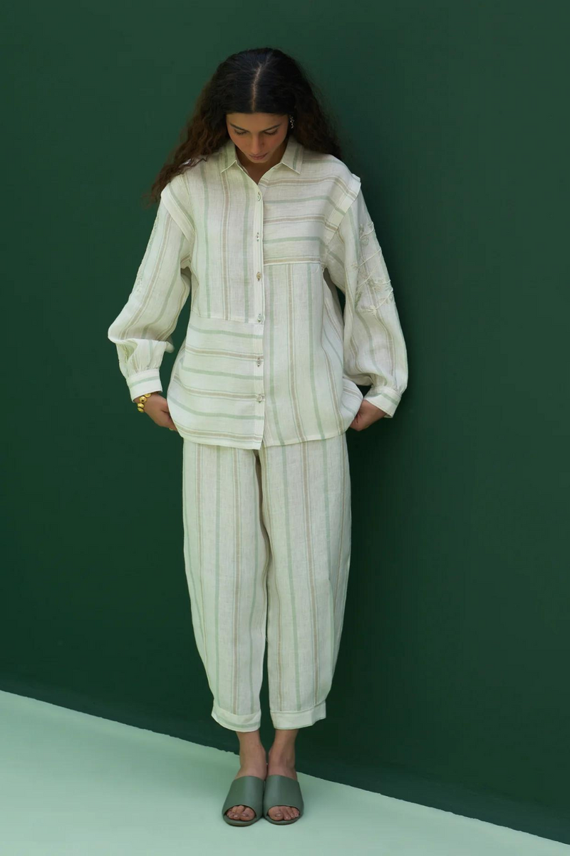 Akra Striped Linen Shirt
 - Mint linen by Manan in mint color for women Worldwide