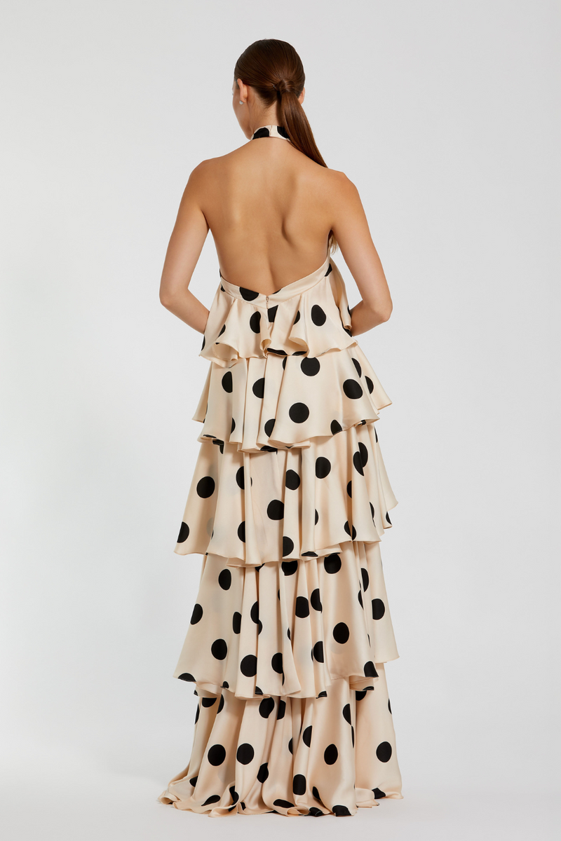 27540-Polka Dot Charmeuse Gown-Cream Black by Mac Duggal in black color for women Worldwide