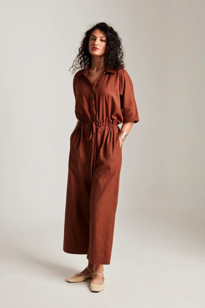 Mocha Co-Linen Boilersuit cotton by Saphed in brown color for women Worldwide