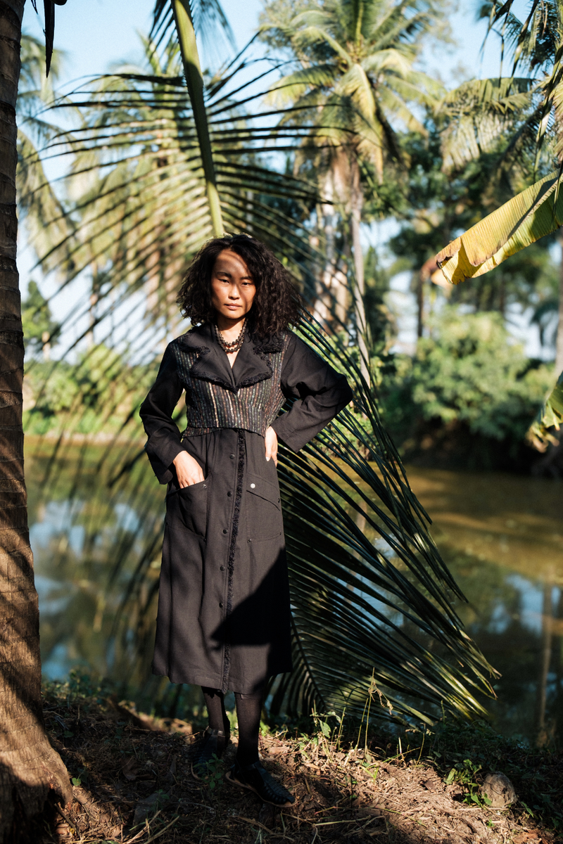 Upcycled Handwoven Copenhagen Trench - Black Green cotton by The Terra Tribe in green color for women Worldwide