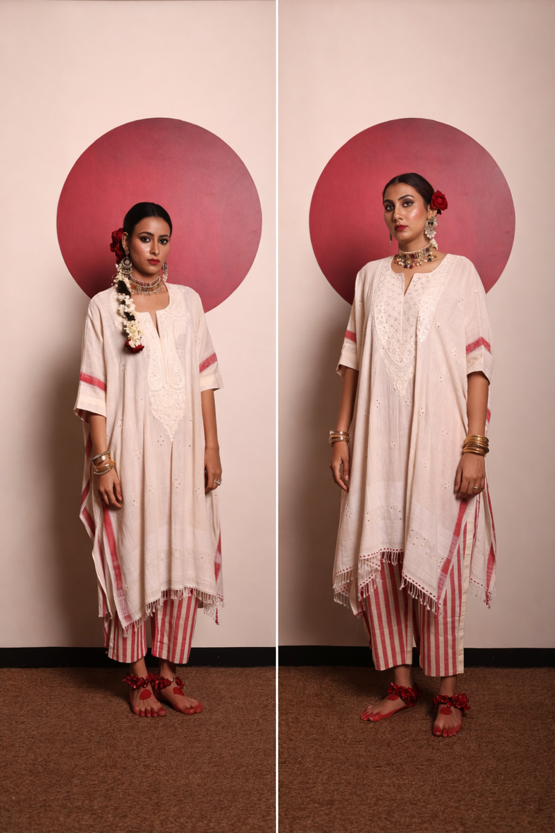Off-white Organic kurta & Striped Pant-Narrow Embroidered Yoke cotton by Sabo by Sabina for women Worldwide