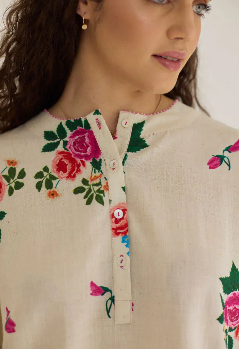 Rose Chintz Short Kurta Set cotton by Nadiya Paar in white color for women Worldwide