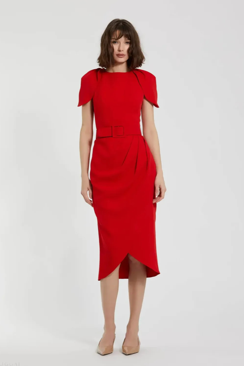 Red Crepe Boat Neck Midi Tulip Dress With Belt by Mac Duggal in red color for women Worldwide