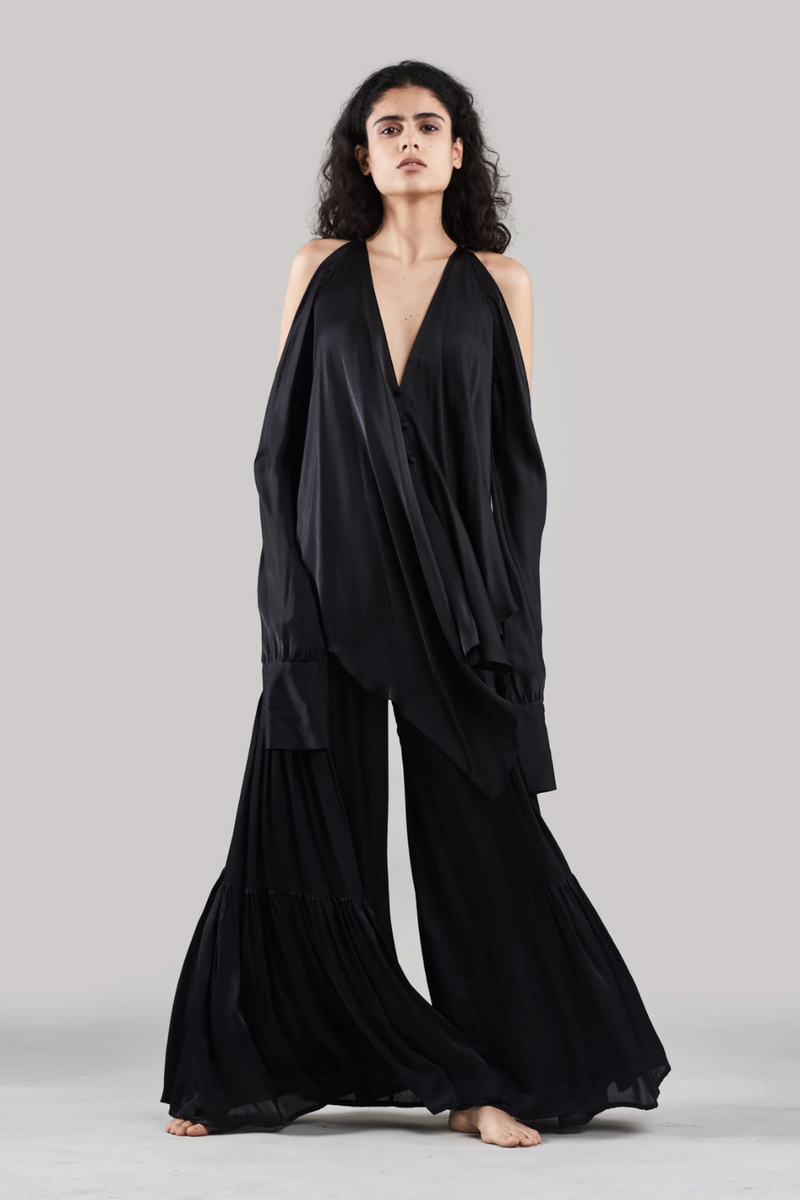 Pakhi Flared Pants with Versatile Top silk by Ituvana in black color for women Worldwide